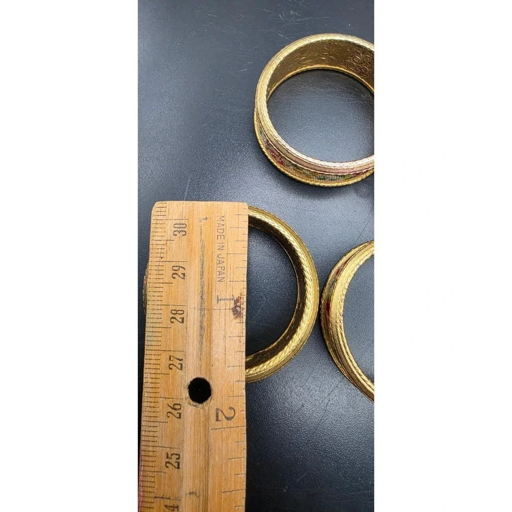 Vintage Petit Point Floral Napkin Rings Set of 4 Gold Tone Engraved Metal Rose